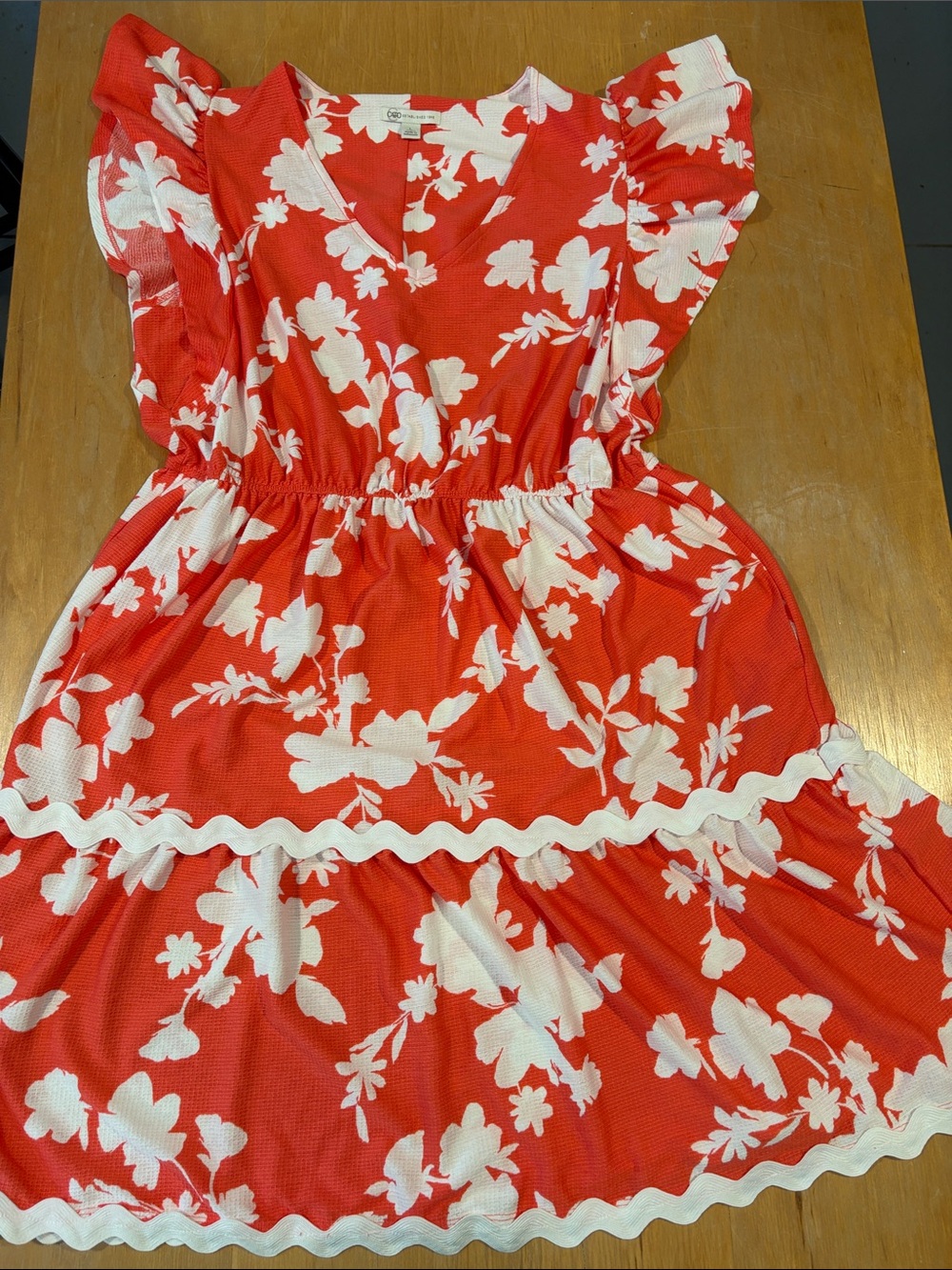 CATO ~ Coral Red & Bright White Floral V-Neck Sundress Ric Rac Piping